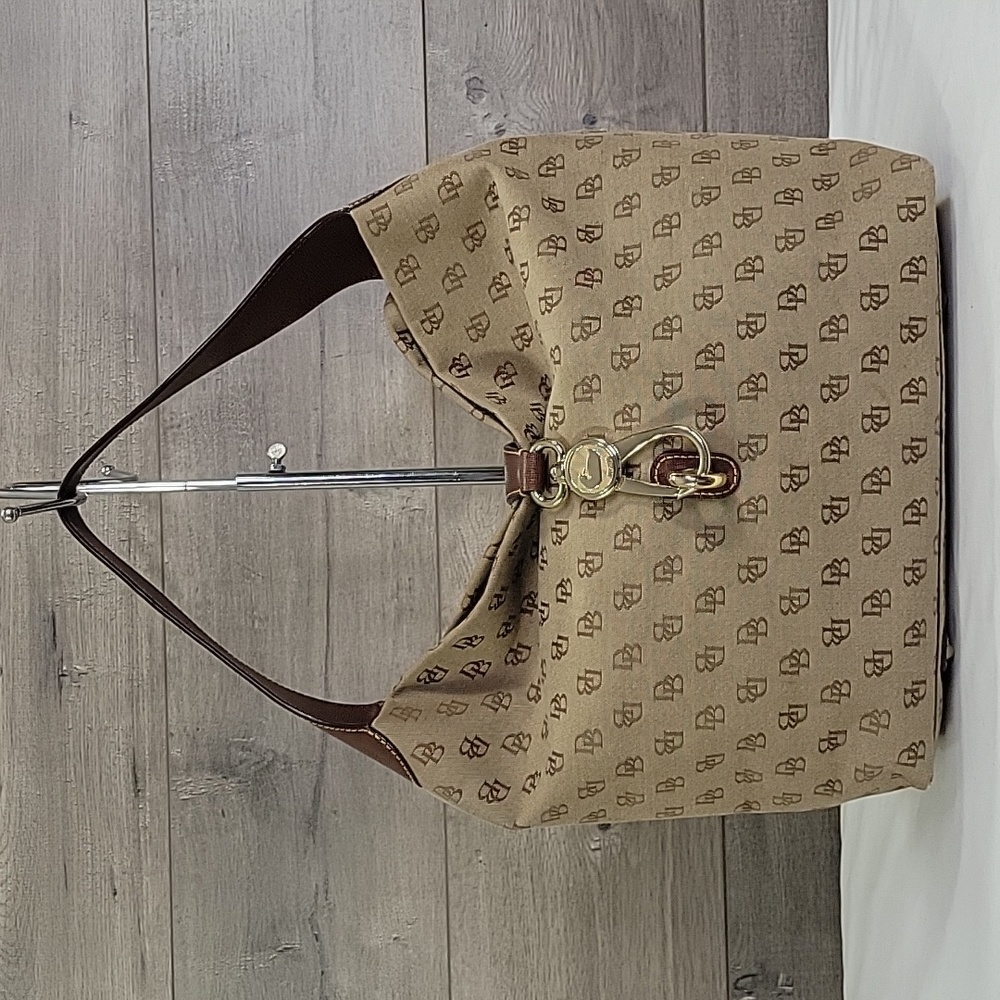 Dooney & Bourke Tan Monogram Shoulder Bag with Brown Trim and Gold Hardware